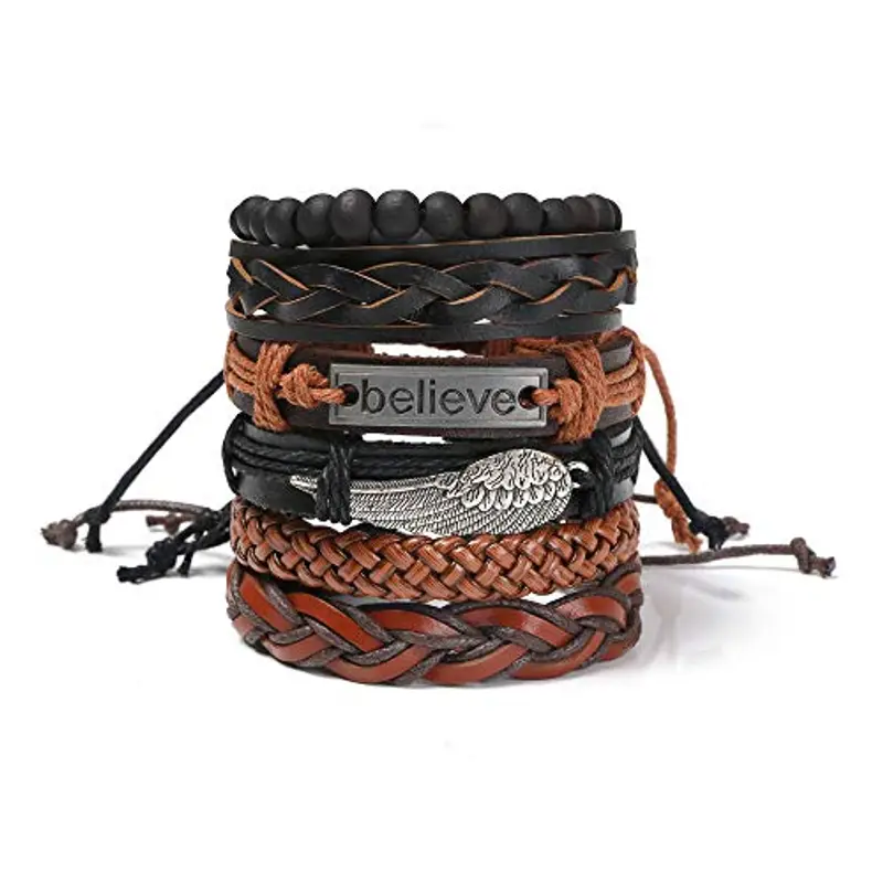 flintronic Bracciale Uomo Pelle, 6 Pezzi Bracciale Corda Uomo Donna, Bracciale Intrecciato in Pelle, Bracciale per Uomo Donna, Idea Regalo per Fidanzato, Amici, Marito, 18-34CM miniatura 3