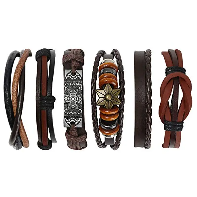 flintronic Bracciale Uomo Pelle, 6 Pezzi Bracciale Corda Uomo Donna, Bracciale Intrecciato in Pelle, Bracciale per Uomo Donna, Idea Regalo per Fidanzato, Amici, Marito,18-34CM