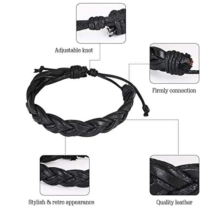 flintronic Bracciale Uomo Pelle, 6 Pezzi Bracciale Corda Uomo Donna, Bracciale Intrecciato in Pelle, Bracciale per Uomo Donna, Idea Regalo per Fidanzato, Amici, Marito, 18-34CM miniatura 3