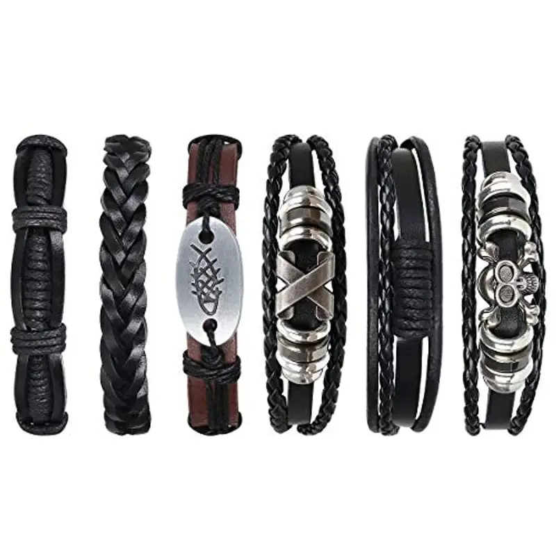 flintronic Bracciale Uomo Pelle, 6 Pezzi Bracciale Corda Uomo Donna, Bracciale Intrecciato in Pelle, Bracciale per Uomo Donna, Idea Regalo per Fidanzato, Amici, Marito,18-34CM