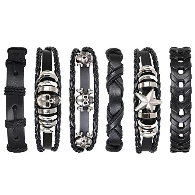 flintronic Bracciale Uomo Pelle, 6 Pezzi Bracciale Corda Uomo Donna, Bracciale Intrecciato in Pelle, Bracciale per Uomo Donna, Idea Regalo per Fidanzato, Amici, Marito,18-34CM