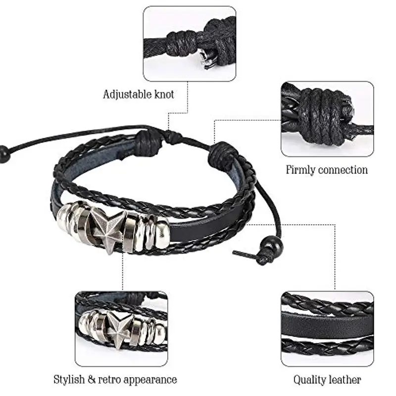flintronic Bracciale Uomo Pelle, 6 Pezzi Bracciale Corda Uomo Donna, Bracciale Intrecciato in Pelle, Bracciale per Uomo Donna, Idea Regalo per Fidanzato, Amici, Marito, 18-34CM miniatura 3