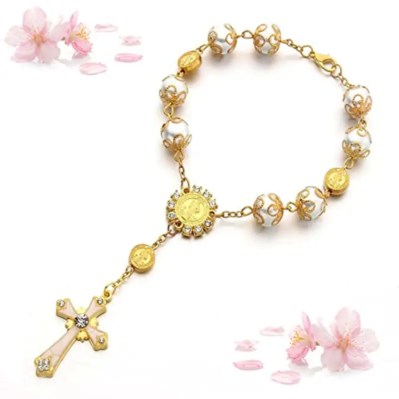 Floatdream Bracciale Croce Cattolica, Bracciale Croce Cattolica Regolabile, Braccialetto di Perle Cattoliche, per