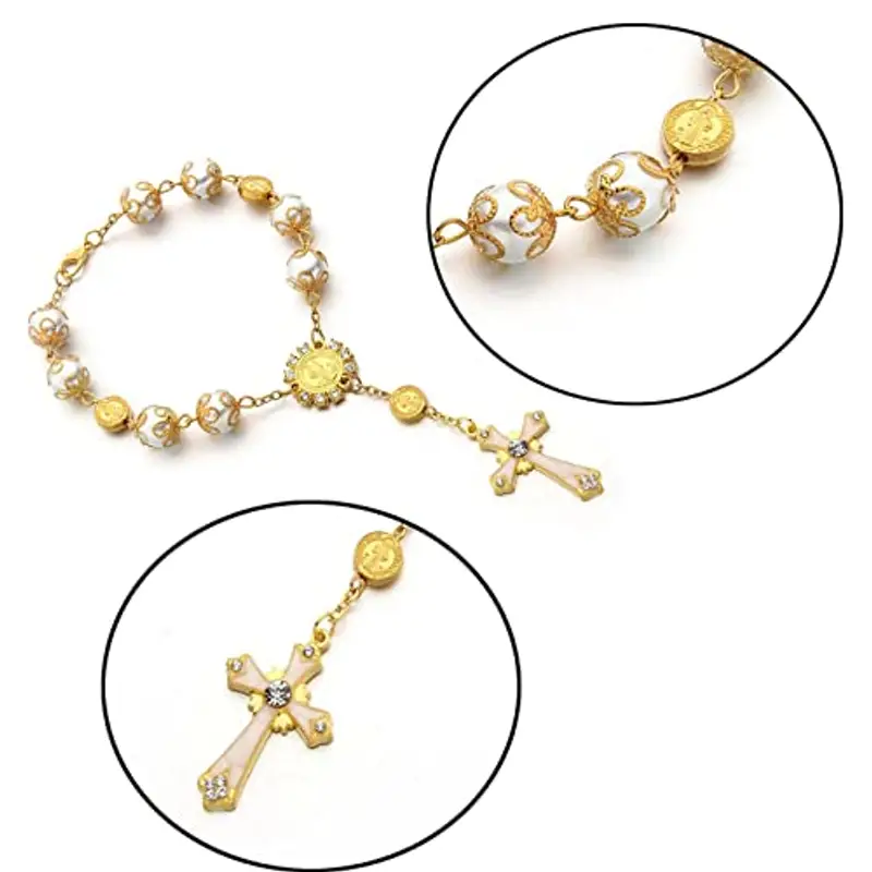 Floatdream Bracciale Croce Cattolica, Bracciale Croce Cattolica Regolabile, Braccialetto di Perle Cattoliche, per miniatura 2