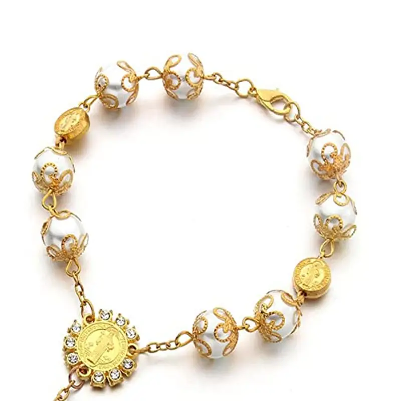 Floatdream Bracciale Croce Cattolica, Bracciale Croce Cattolica Regolabile, Braccialetto di Perle Cattoliche, per miniatura 3