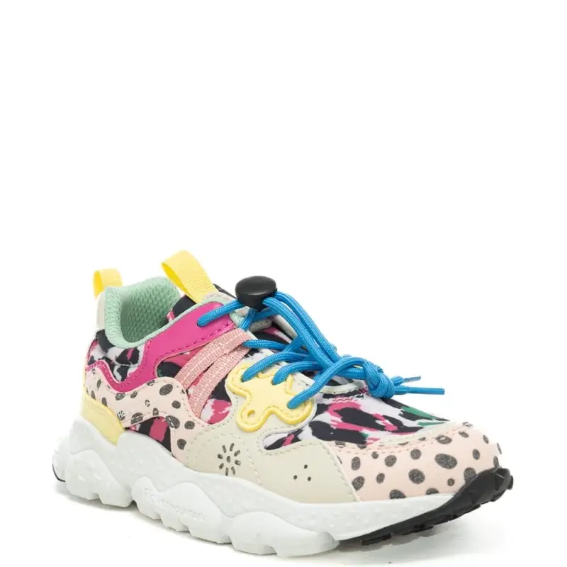 sneakers da bambina yamano 3 in tessuto tecnico e inserti con stampa a pois rosa beige miniatura 2