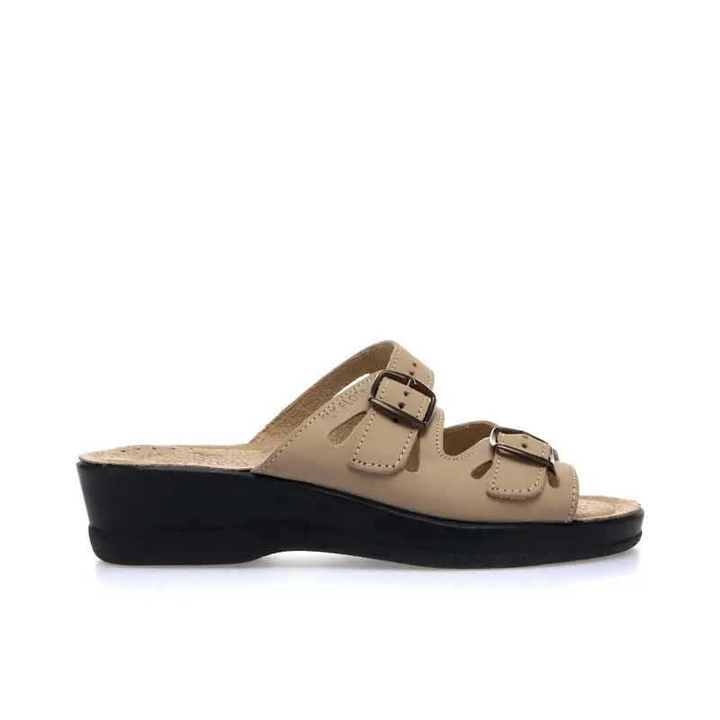 Ciabatte comfort beige con zeppina e doppia fibbia