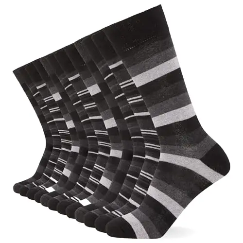 FM London confezione da 12, calzini eleganti da uomo, traspiranti, tinta unita, con motivi e neri, Nero (a righe), 39