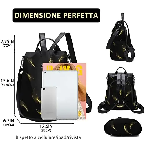 Fmeida Zaino Antifurto Donna Borsa Zainetto Donna Viaggio Scuola, Nero, Piuma miniatura 2