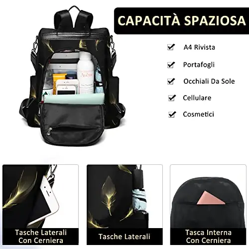 Fmeida Zaino Antifurto Donna Borsa Zainetto Donna Viaggio Scuola, Nero, Piuma miniatura 3