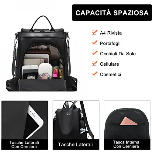 Fmeida Zaino da Donna Antifurto Borsa Tracolla Viaggio Casual Daypack, Nero miniatura 3