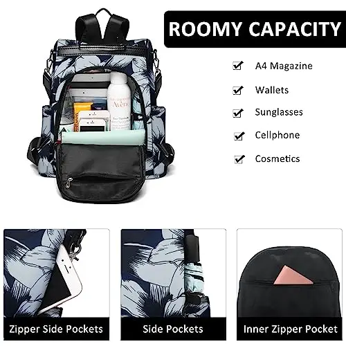 Fmeida Zaino Donna Borsa Antifurto, Nylon Impermeabile Casual Borsa Zainetto Donna Tracolla Spalla Borse Per Scuola miniatura 3