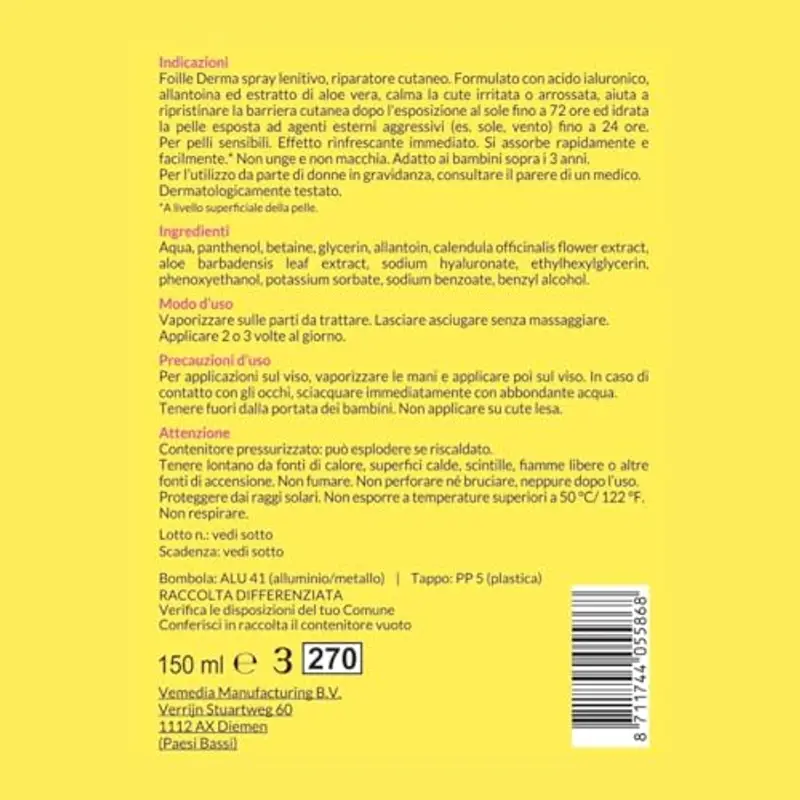 Foille Derma Spray lenitivo per pelle irritata, Doposole con Pantenolo, Calendula e Acido Ialuronico, Effetto calmante e idratante, Spray nebulizzante anche sottosopra 150 ml miniatura 2