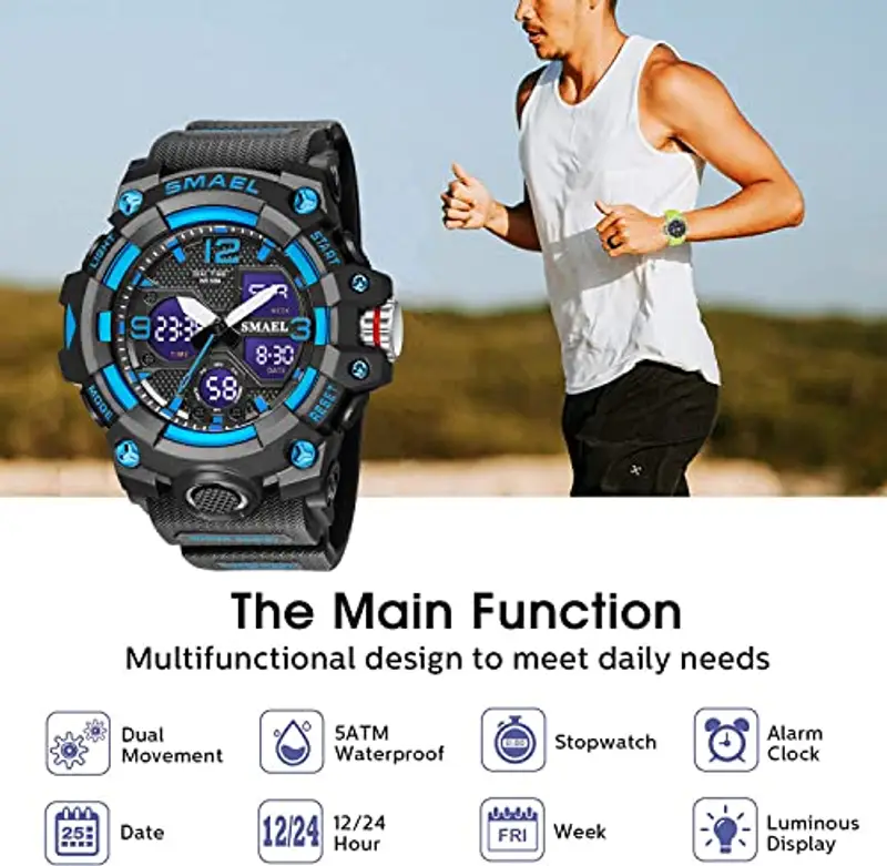 Fomtty Orologio da Uomo Analogico e Digitale, Orologio Sportivo, Impermeabile Orologio LED con Cronometro LED Digitale Orologio Luxury Casual Wristwatch (Blue) miniatura 2