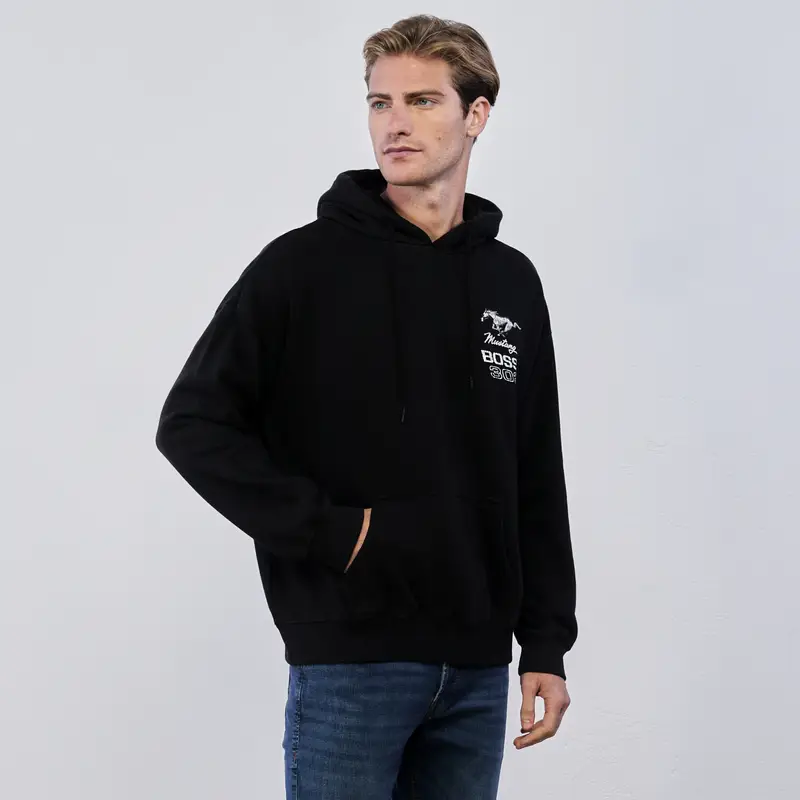 Felpa nera da uomo con stampa Ford Mustang