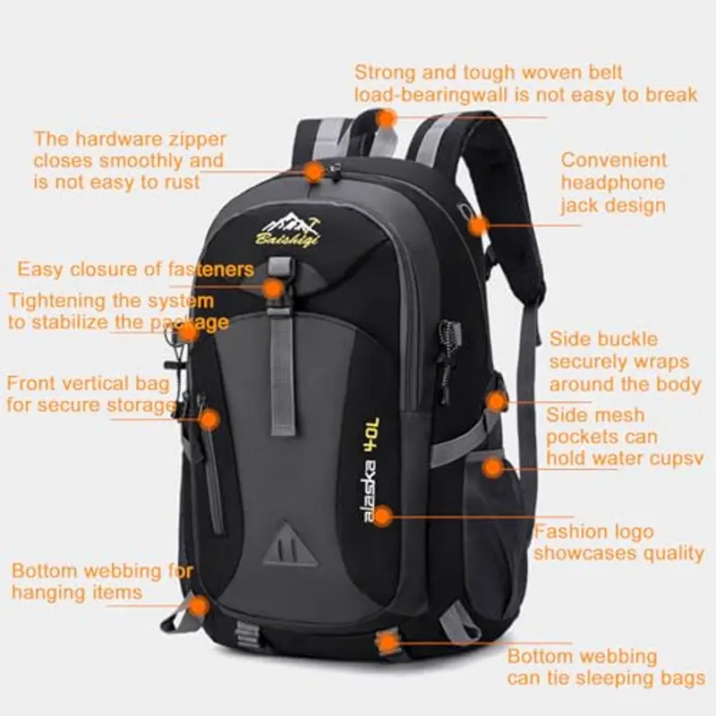 Forhome Zaino da Trekking da 40L Impermeabile con Ventilazione Posteriore per Escursioni Viaggi Campeggio miniatura 3
