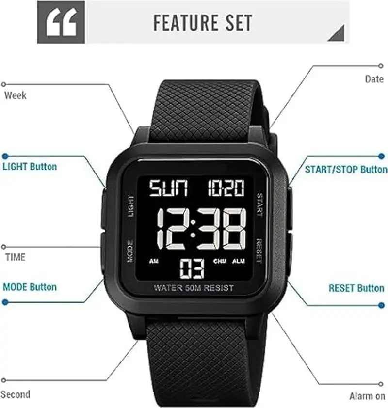 Forrader, Orologio digitale da uomo, sportivo, impermeabile, con retroilluminazione a LED, sveglia, conto alla miniatura 2