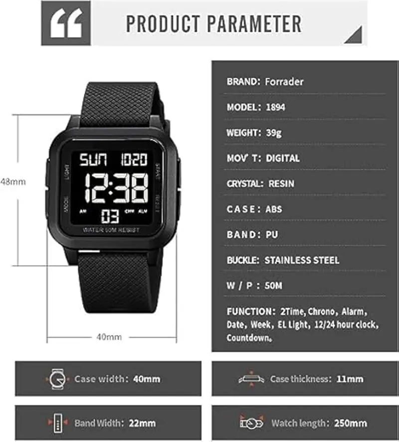 Forrader, Orologio digitale da uomo, sportivo, impermeabile, con retroilluminazione a LED, sveglia, conto alla miniatura 3