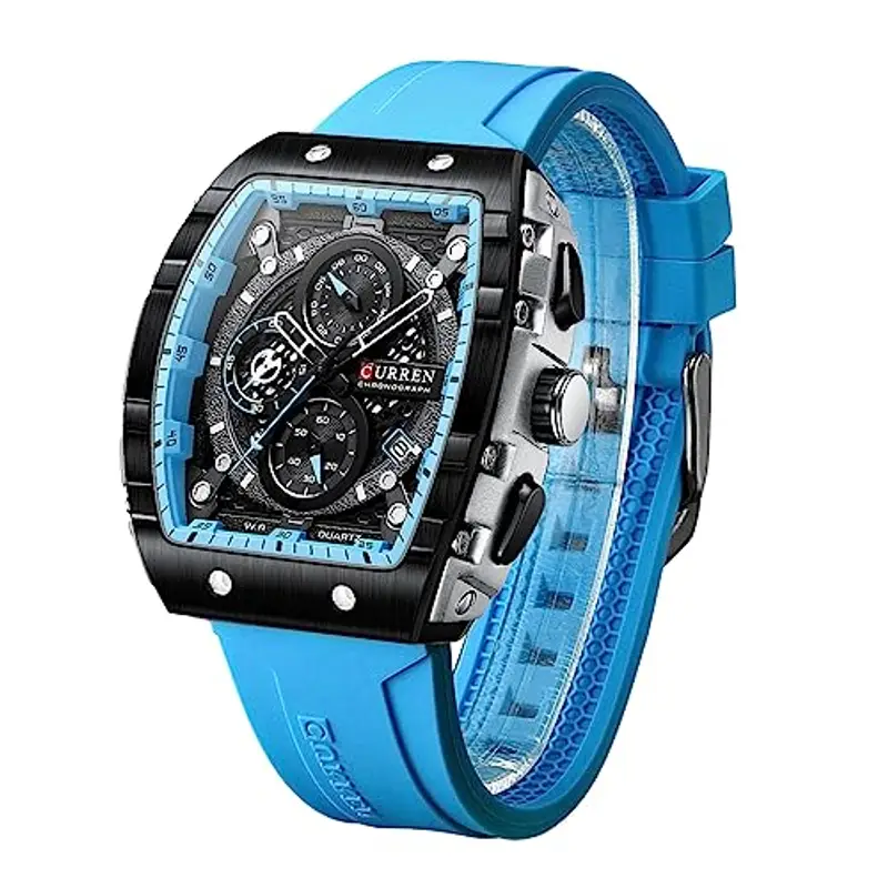 Forsining Orologio da polso analogico al quarzo da uomo, rettangolare, quadrante grande, cinturino in silicone, impermeabile, militare con calendario e data, blu, blu, striscia