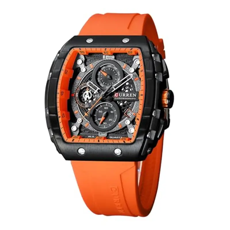 FORSINING Orologio da polso da uomo, analogico, al quarzo, alla moda, rettangolare, grande quadrante, cinturino in silicone, impermeabile, orologio militare con calendario e data, Arancione, Cinturino