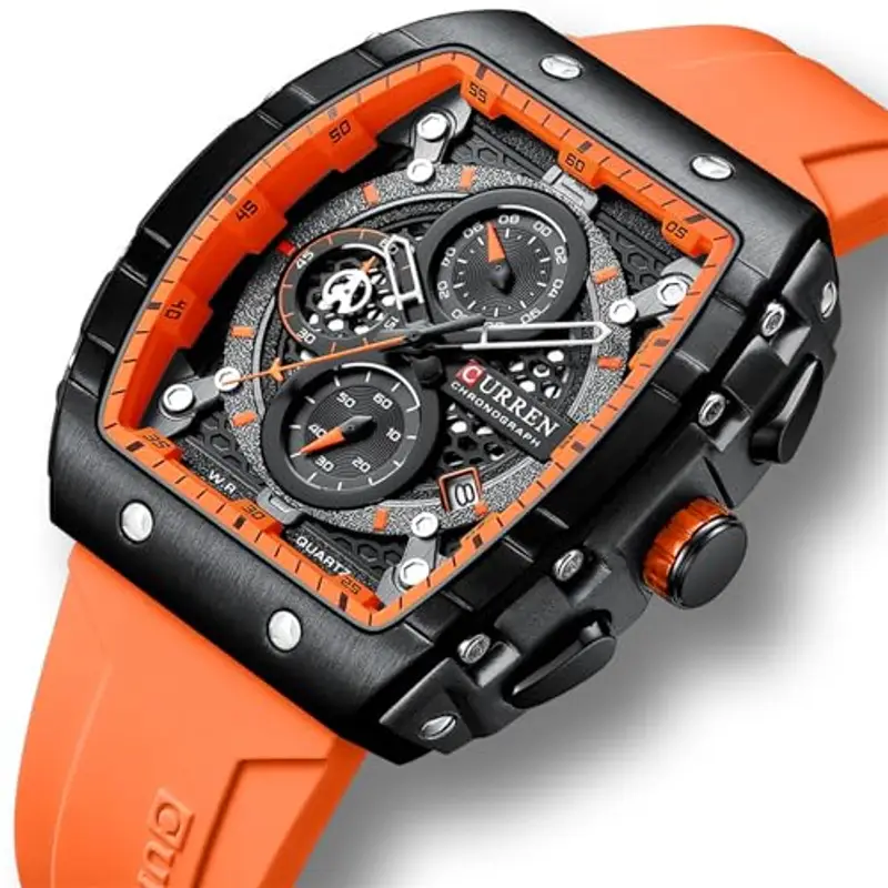 FORSINING Orologio da polso da uomo, analogico, al quarzo, alla moda, rettangolare, grande quadrante, cinturino in silicone, impermeabile, orologio militare con calendario e data, Arancione, Cinturino miniatura 2