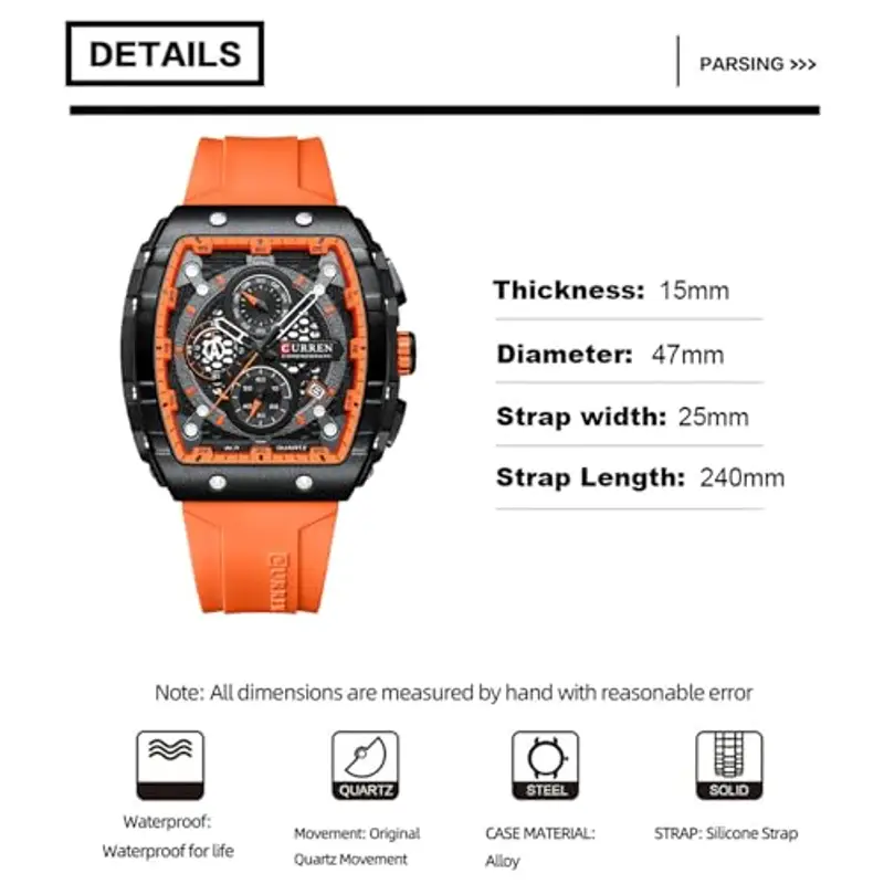 FORSINING Orologio da polso da uomo, analogico, al quarzo, alla moda, rettangolare, grande quadrante, cinturino in silicone, impermeabile, orologio militare con calendario e data, Arancione, Cinturino miniatura 3