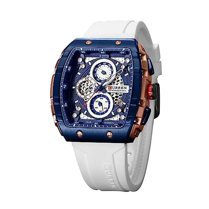 FORSINING Orologio da polso da uomo, analogico, al quarzo, alla moda, rettangolare, grande quadrante, cinturino in silicone, impermeabile, orologio militare con calendario e data, bianco, Militare