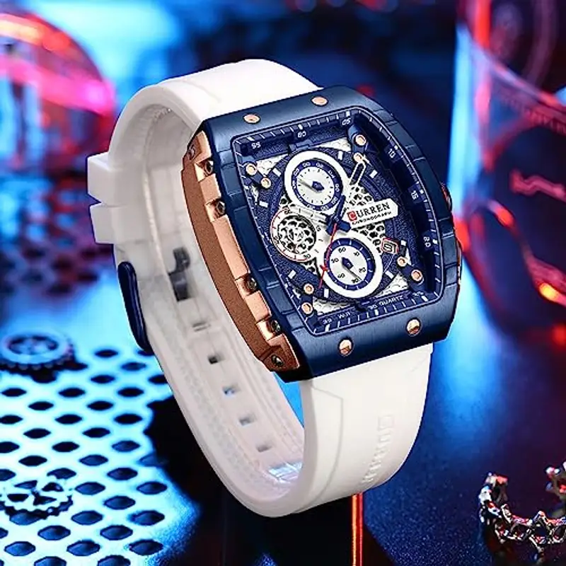 FORSINING Orologio da polso da uomo, analogico, al quarzo, alla moda, rettangolare, grande quadrante, cinturino in silicone, impermeabile, orologio militare con calendario e data, bianco, Militare miniatura 2