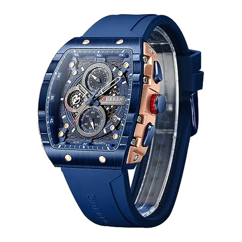 FORSINING Orologio da polso da uomo, analogico, al quarzo, alla moda, rettangolare, grande quadrante, cinturino in silicone, impermeabile, orologio militare con calendario e data, Blu scuro, Militare