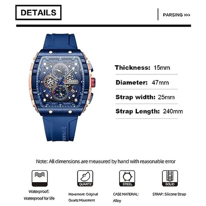 FORSINING Orologio da polso da uomo, analogico, al quarzo, alla moda, rettangolare, grande quadrante, cinturino in silicone, impermeabile, orologio militare con calendario e data, Blu scuro, Militare miniatura 3