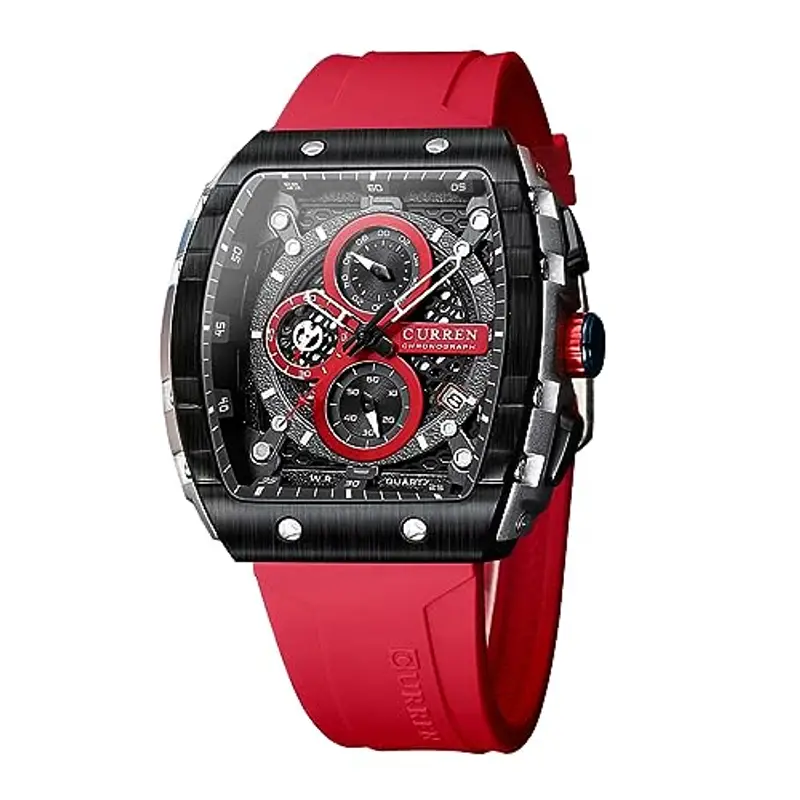 FORSINING Orologio da polso da uomo, analogico, al quarzo, alla moda, rettangolare, grande quadrante, cinturino in silicone, impermeabile, orologio militare con calendario e data, Rosso, Cinturino