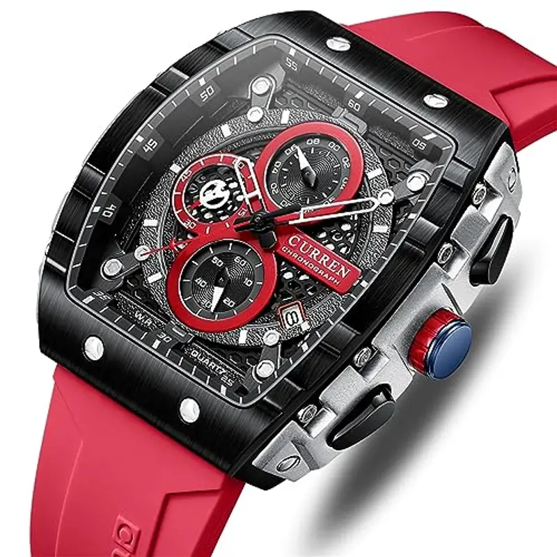 FORSINING Orologio da polso da uomo, analogico, al quarzo, alla moda, rettangolare, grande quadrante, cinturino in silicone, impermeabile, orologio militare con calendario e data, Rosso, Cinturino miniatura 2