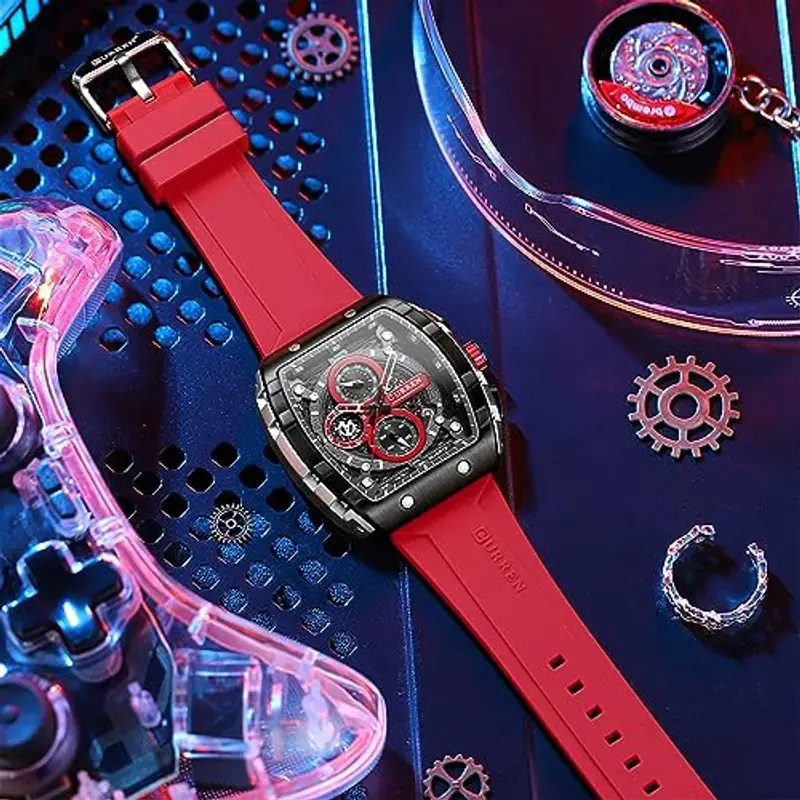 FORSINING Orologio da polso da uomo, analogico, al quarzo, alla moda, rettangolare, grande quadrante, cinturino in silicone, impermeabile, orologio militare con calendario e data, Rosso, Cinturino miniatura 3