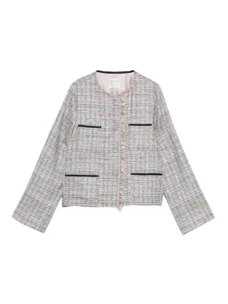 Giacca In Tweed Con Frange Beige E Multicolor Blu