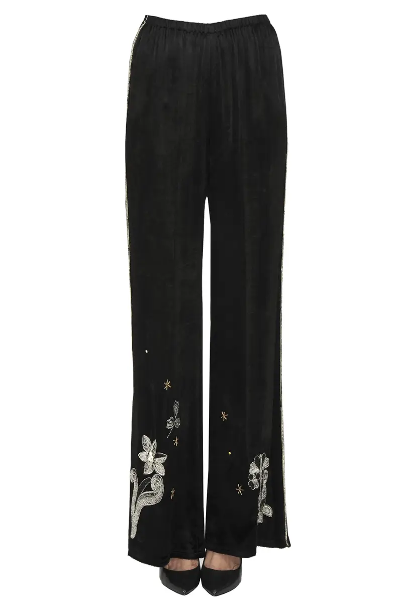 Pantaloni in velluto con ricami ed applicazioni Nero
