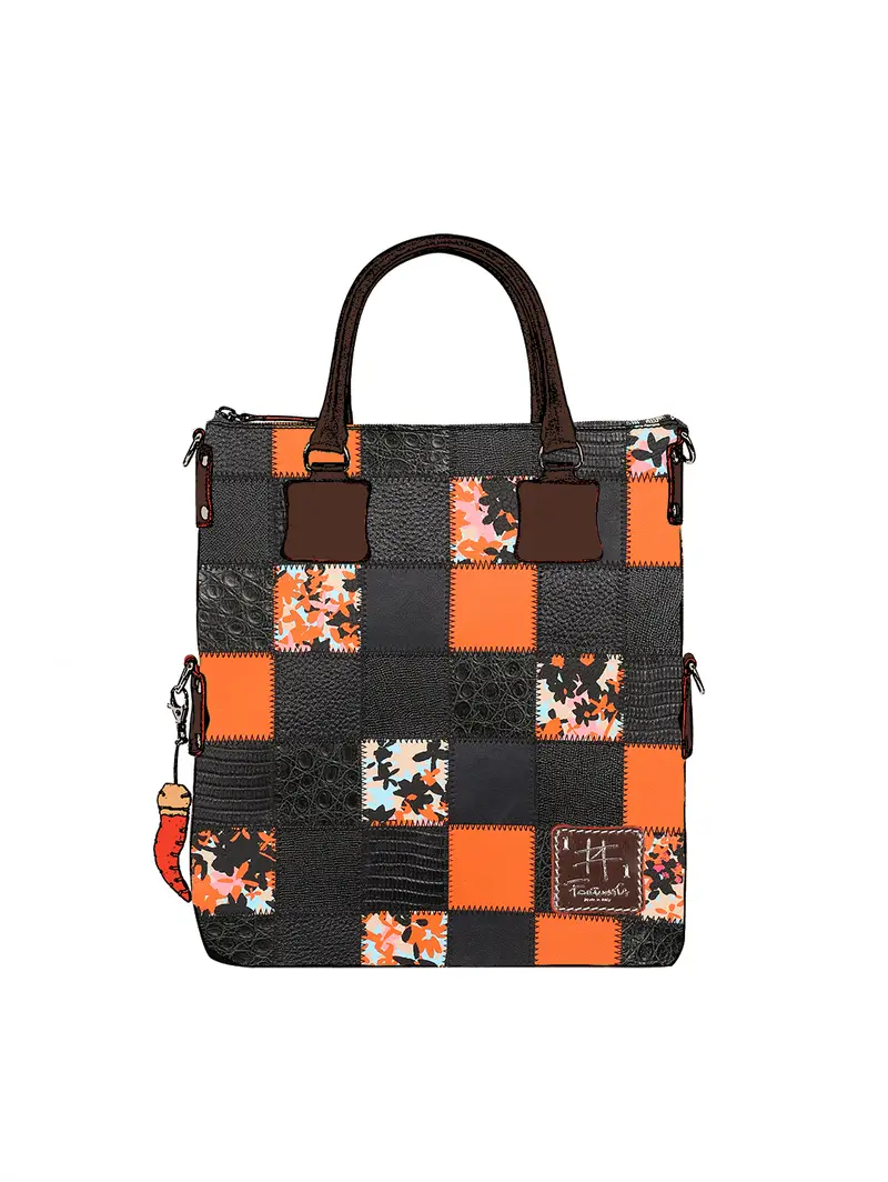 Borsa Patchwork In Pelle Fatta Mano Arancio Arancione
