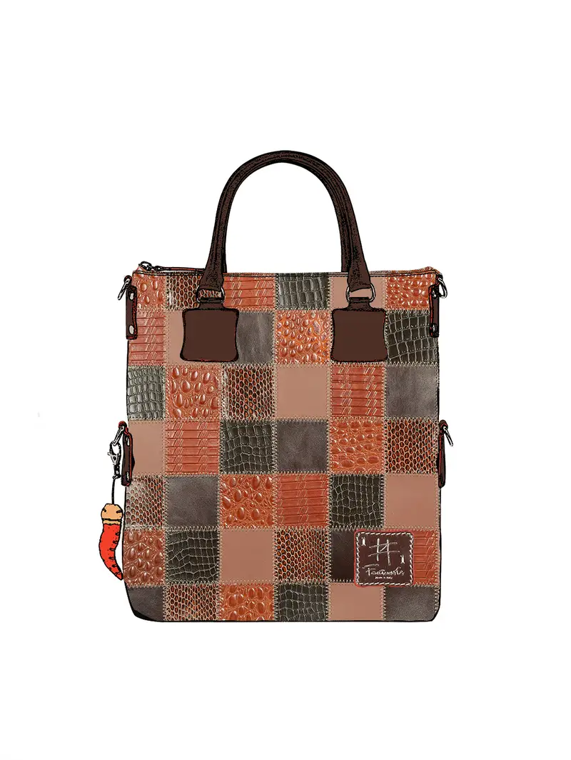 Borsa Patchwork In Pelle Fatta Mano Marrone