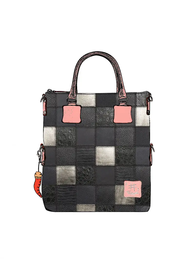Borsa Patchwork In Pelle Nera Fatta Mano