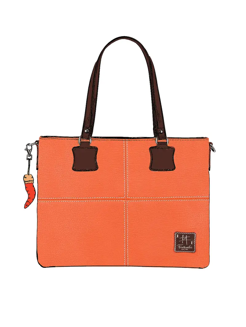 Shopper In Pelle Arancione Spalla Tracolla Rimovibile