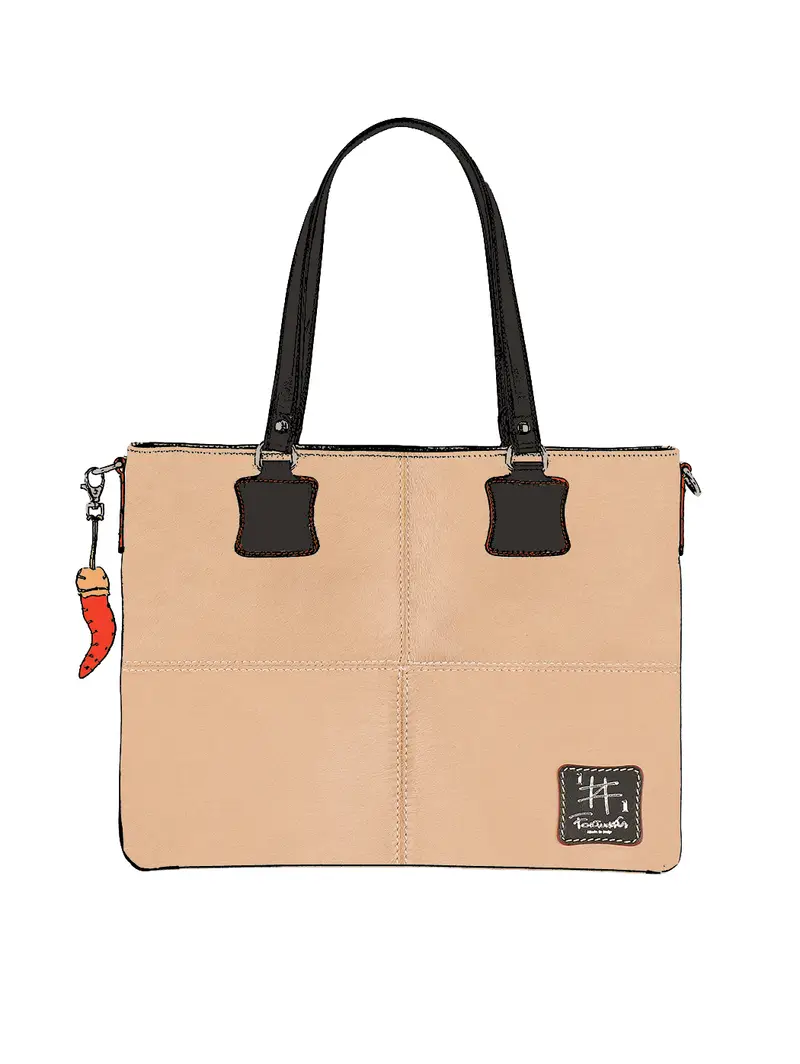 Shopper In Pelle Beige Spalla Tracolla Rimovibile