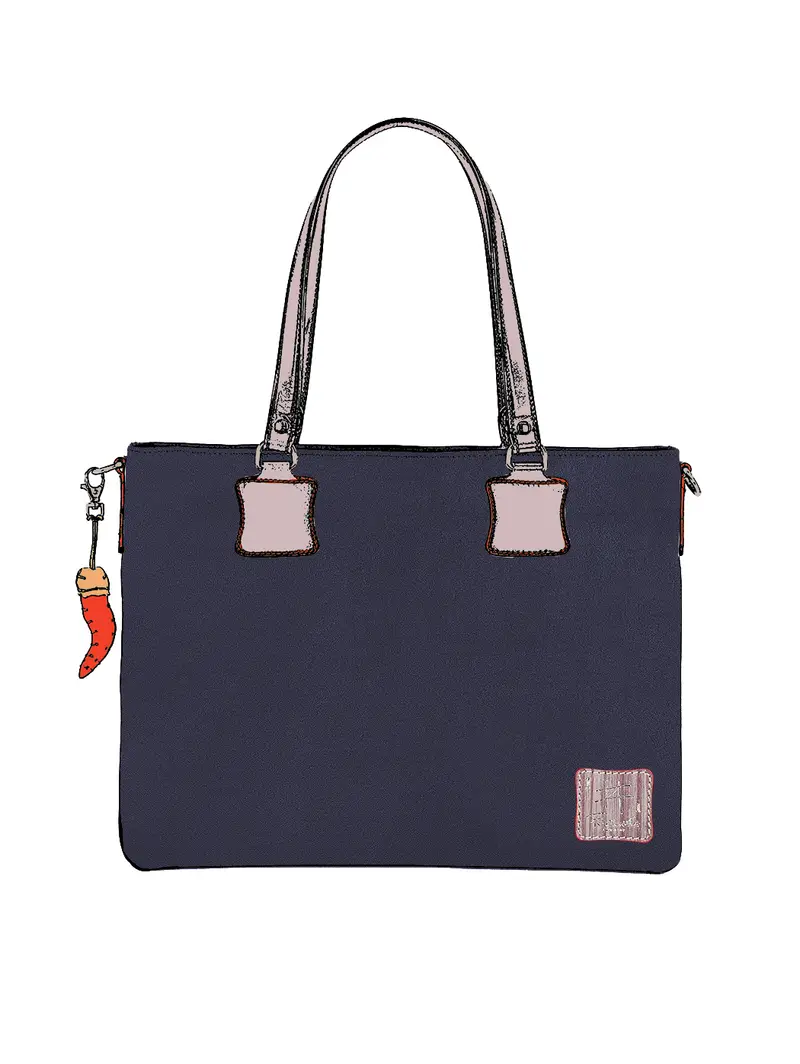 Shopper In Pelle Blu Spalla Tracolla Rimovibile