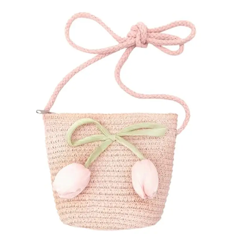 FOSDICK Borsetta Bambina, Borsa Tracolla Bambina con Tulipani, Carini Fiori Borsetta Ragazza, Boho Borsa Paglia Bambina, Borsette di Paglia Estive per Vacanze, Viaggi, Spiaggia, Regalo Ragazza