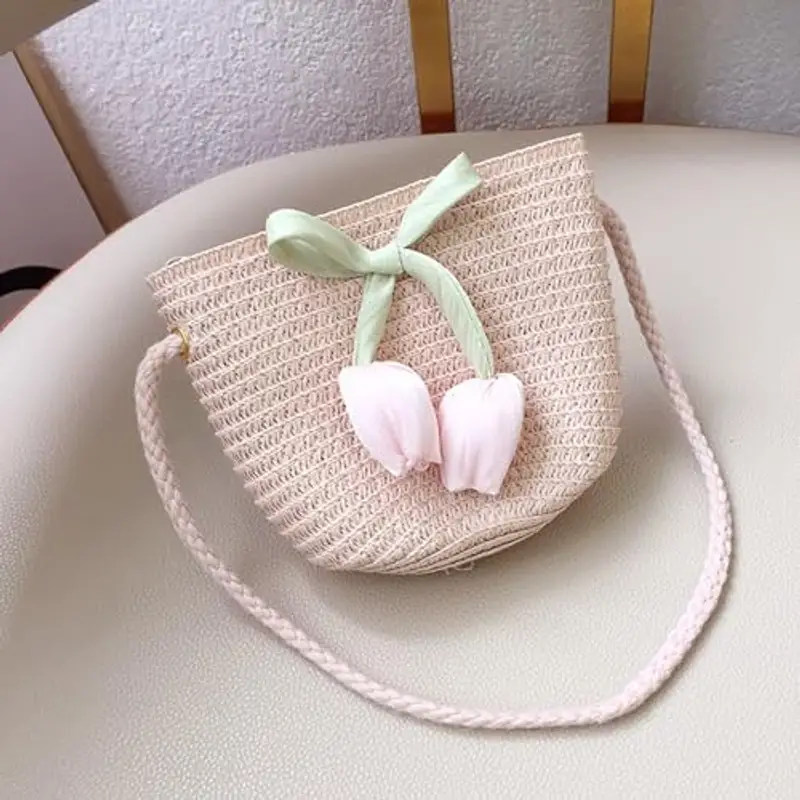 FOSDICK Borsetta Bambina, Borsa Tracolla Bambina con Tulipani, Carini Fiori Borsetta Ragazza, Boho Borsa Paglia Bambina, Borsette di Paglia Estive per Vacanze, Viaggi, Spiaggia, Regalo Ragazza miniatura 2