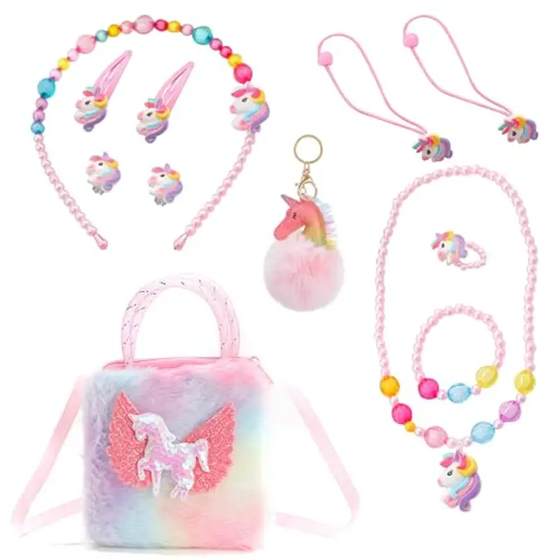 FOSDICK Borsetta Bambina Gioielli Bambina Set, Borsette Bambina in Peluche, Borsa Unicorno bambina, Collana Bracciale Anello Orecchini e Fermagli per Capelli, Unicorno bambina Regalo 3 4 5 6 7 8 Anni