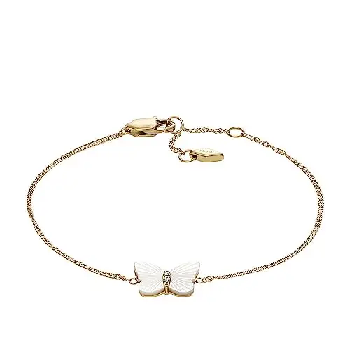 Fossil Bracciale a catena sottile da donna in acciaio inox con chiusura a moschettone, Bianco e oro giallo