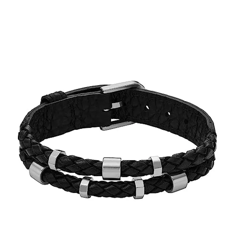 Fossil Bracciale da uomo Leather Essentials, Bracciale in pelle nera, Lunghezza: 256 mm, Larghezza: 13,7 mm, JF04473040
