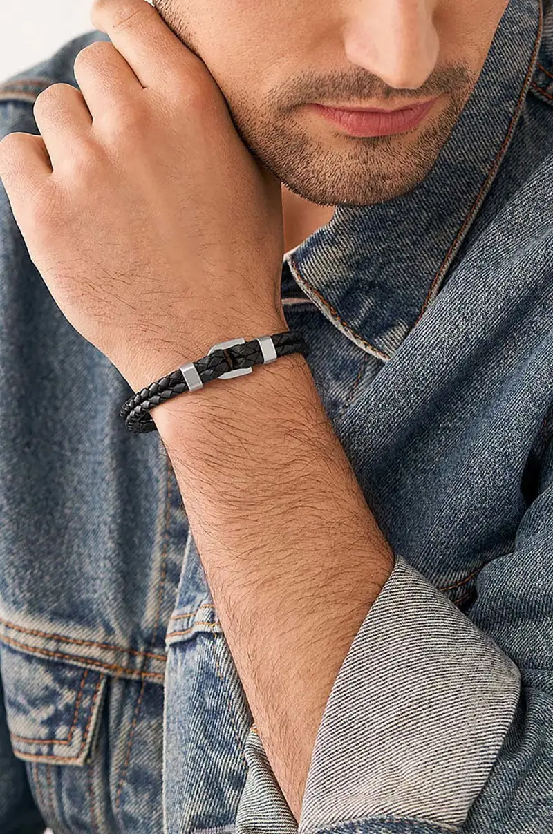 bracciale in pelle uomo Nero miniatura 5