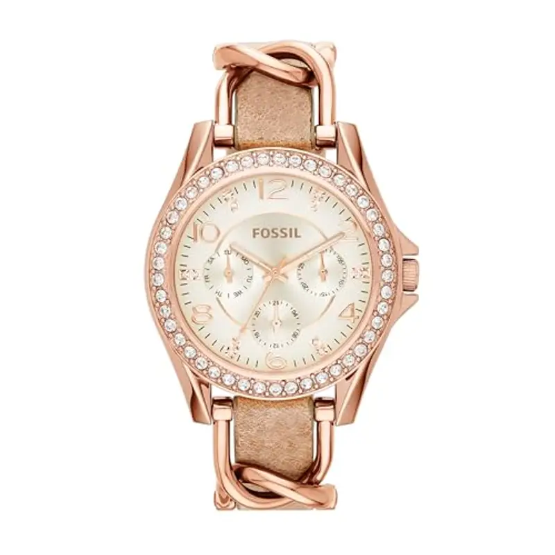 Fossil Orologio Riley da donna, movimento cronografo al quarzo con cinturino in acciaio inossidabile o in pelle, 38 mm, Beige e oro rosa