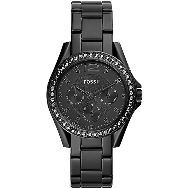 Fossil Orologio Riley da donna, movimento cronografo al quarzo con cinturino in acciaio inossidabile o in pelle, 38 mm, Nero e glitter