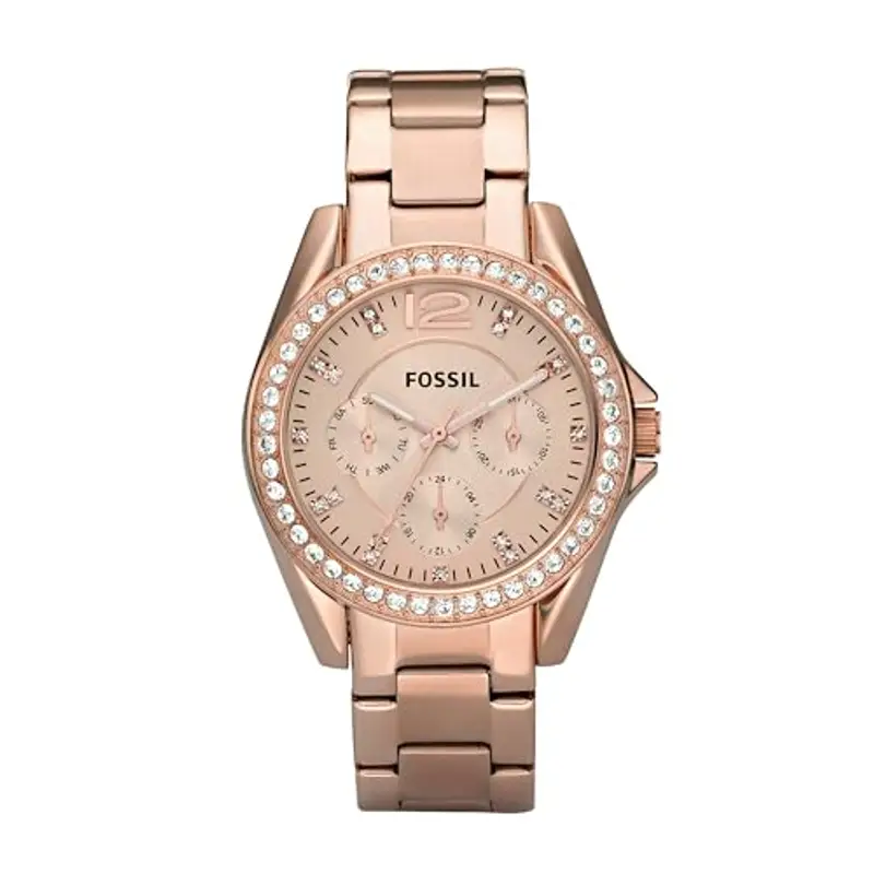 Fossil Orologio Riley da donna, movimento cronografo al quarzo con cinturino in acciaio inossidabile o in pelle, 38 mm, Tonalità oro rosa e glitter